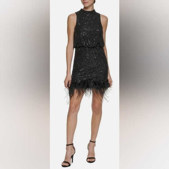 Eliza J black sequins and ostrich feather sleeveless mini - Picture 2 of 7